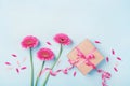 Spring composition with pink flowers and gift box on blue table top view. Greeting card for Birthday, Woman or Mothers Day.