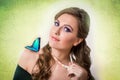 Spring concept of a blonde woman with a blue butterfly and a col Royalty Free Stock Photo