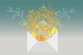 Spring concept design showing new growth coming from an envelope with colorful leaves and plants emerging from autumn. ideal for Royalty Free Stock Photo