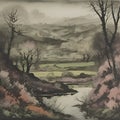 Spring countryside landscape painting. Lonely landscape illustration. AI-Generated.