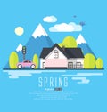 Spring countryside, tourism, flat style illustration. Royalty Free Stock Photo