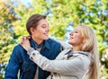 Spring couple walking park. Summer friends walk outdoor. Royalty Free Stock Photo