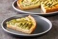 Spring creamy asparagus tart close-up in a plate. Horizontal