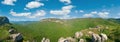 Spring Crimea Mountain country panorama with valley and Sokolinoje Village, Ukraine. Great Crimean Canyon environs