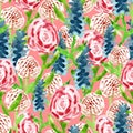 Spring cute hand-drawn seamless pattern with wildflowers rose, clover, lupine