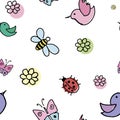 Spring cute pattern. Hand-drawn doodle birds, insects and flowers on a white background. Seamless vector backdrop Royalty Free Stock Photo