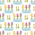 Spring cute seamless pattern Illustration pots hyacinths leaves flowers Garden tools Royalty Free Stock Photo