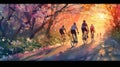 Spring Cycling: Cyclists Enjoying a Blossoming Ride on Winding Paths Royalty Free Stock Photo