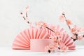 Spring cylinder podium mockup decorated of semicircle asian fans, branch of pink sakura flowers in light white interior