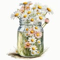 Spring Daisy Flowers Bouquet in Mason Jar Watercolor, Illustration, clipart, Isolated on White Background - Generative AI Royalty Free Stock Photo