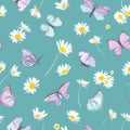 Spring daisy flowers and butterfly vector background. Seamless floral watercolor pattern Royalty Free Stock Photo