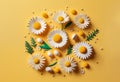 Spring daisy flowers on a yellow background. flay lay design. Generative ai