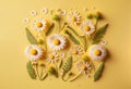 Spring daisy flowers on a yellow background. flay lay design. Generative ai