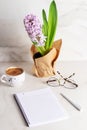 Spring Day. Cup of coffee, blank open diary mockup. Purple hyacinth in flower pot. Home office concept.