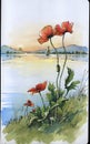 Spring day by the lake, poppies.