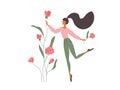 Spring day, summer time vector illustration with happy woman collect blooming flowers Royalty Free Stock Photo