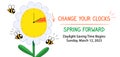 Spring Daylight Saving Time banner in cartoon doodle style with funny clock and schedule