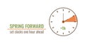 Spring Daylight Saving Time begins banner. Springtime Forward concept in flat style. Set clocks one hour Ahead in March. Hand of Royalty Free Stock Photo