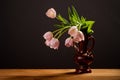 Spring decoration. Pink tulips in a vase