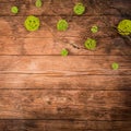 Spring decorations on the wooden background. Some branches, butterflies and more