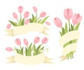 Spring decorative bouquet of pink tulip and galantus with beige ribbon. Spring flower icon set. Flat vector illustration isolated Royalty Free Stock Photo