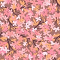 Cute fabric and paper seamless pattern of spring delicate sprigs of flowering fruit trees