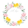 Spring delicate white peony, pink rose, yellow daffodil and eucalyptis leaves round vector frame