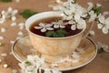 Spring, delicious, delicate tea with cherry flowers and raspberry leaves