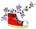 Spring design sneakers with spring flowers in hipster style hand-drawn . Element waiting for prints on a t-shirt or postcard