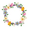 Spring design template with beautiful flowers. Delicate round frame with tulips and daffodils. Royalty Free Stock Photo