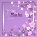 Spring discounts signature on a purple background. Spring small flowers cherry flowers. Discounts up to 50 percent. Vector
