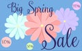 Spring discounts. Spring flowers on a blue background. Discount card. Discounts up to 50 70 80 . Vector illustration