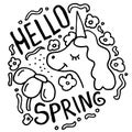 Spring doodle. hand drawn thin line postcard about spring coming