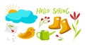 Spring doodle sketch set. Flowers, bird, wellies, watering can, cloud on white background. Hand drawn design elements