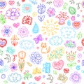 Spring doodles set. Hand draw flowers, sun, clouds, butterflies.