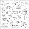 Spring doodles set. Hand drawn flowers, cats, birds, eggs, instruments, boots, clouds, butterflies. Royalty Free Stock Photo