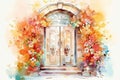 Spring door with blooming flowers, Watercolor - Generative Ai