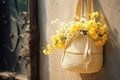 Spring door decor with straw purse and flowers. Generative Ai Royalty Free Stock Photo