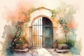 Spring door in a garden, Watercolor - Generative Ai