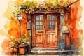 Spring door in a quaint village, Watercolor