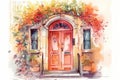 Spring door with a wreath, Watercolor, Whimsical and cheerful