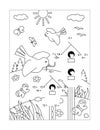 Spring dot-to-dot picture puzzle and coloring page with birdhouses, birds and nestlings. Full-page, black and white, activity for