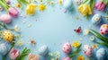 Spring Easter arrangement greeting card in blue pastel tones.