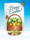 Spring Easter background. Easter eggs in basket with flowers