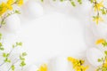 Spring Easter background with white eggs forsythia flowers