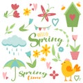 Spring easter clip art set in simple flat hand drawn style. Vector collection illustration isolated on white background. Flowers, Royalty Free Stock Photo