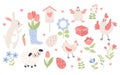 Spring Easter collection. Easter eggs, animals, insects and flowers. Vector illustration. Isolated holiday symbols in