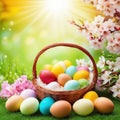 Spring easter Colorful eggs in a basket in spring sunny blooming cherry Beautiful natural easter banner with copy