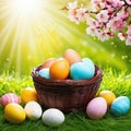 Spring easter Colorful eggs in a basket in spring sunny blooming cherry Beautiful natural easter banner with copy