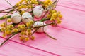 Spring Easter composition with decorative eggs. Royalty Free Stock Photo